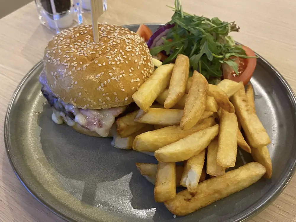 Photo of a burger, chips and some salad on a plate, from the Brasserie restaurant at China Fleet